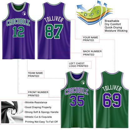Custom Purple Kelly Green-White Reversible Double Side Sublimation Basketball Set Jersey