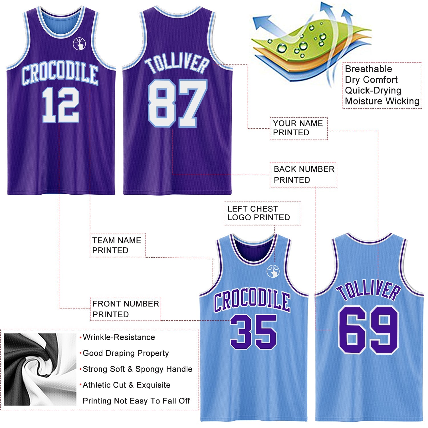 Custom Purple White-Light Blue Reversible Double Side Sublimation Basketball Set Jersey