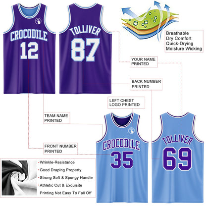 Custom Purple White-Light Blue Reversible Double Side Sublimation Basketball Set Jersey