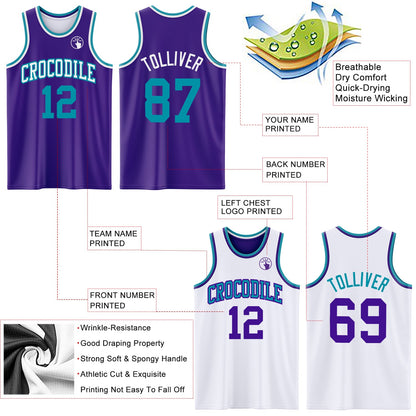 Custom Purple Teal-White Reversible Double Side Sublimation Basketball Set Jersey