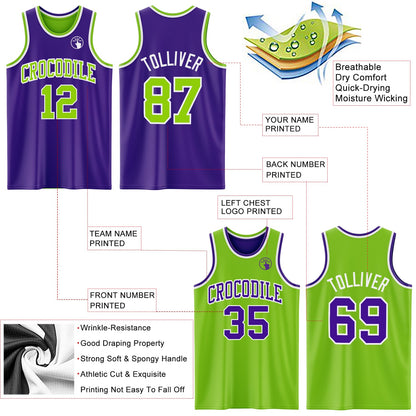 Custom Purple Neon Green-White Reversible Double Side Sublimation Basketball Set Jersey
