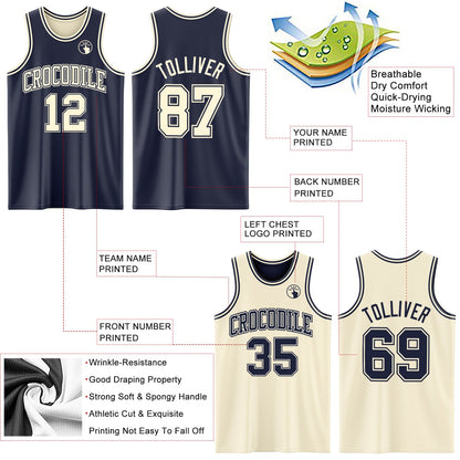 Custom Reversible Navy Cream Double Side Sublimation Basketball Set Jersey