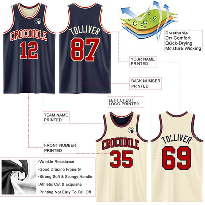 Custom Reversible Navy Red-Cream Double Side Sublimation Basketball Set Jersey