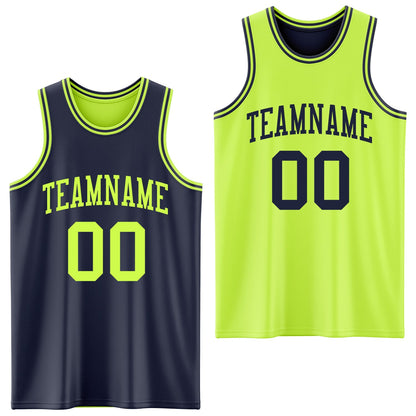 Custom Reversible Navy Neon Green Double Side Sublimation Basketball Set Jersey