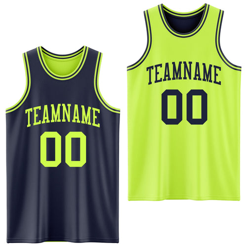 Custom Reversible Navy Neon Green Double Side Sublimation Basketball Set Jersey