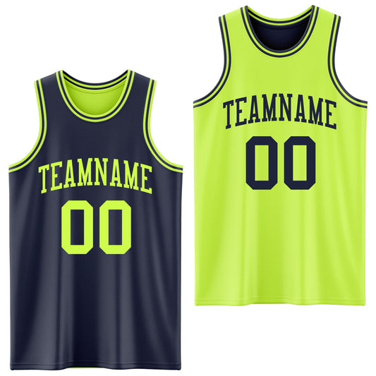 Custom Reversible Navy Neon Green Double Side Sublimation Basketball Set Jersey