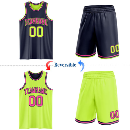 Custom Reversible Navy Neon Green-Pink Double Side Sublimation Basketball Set Jersey