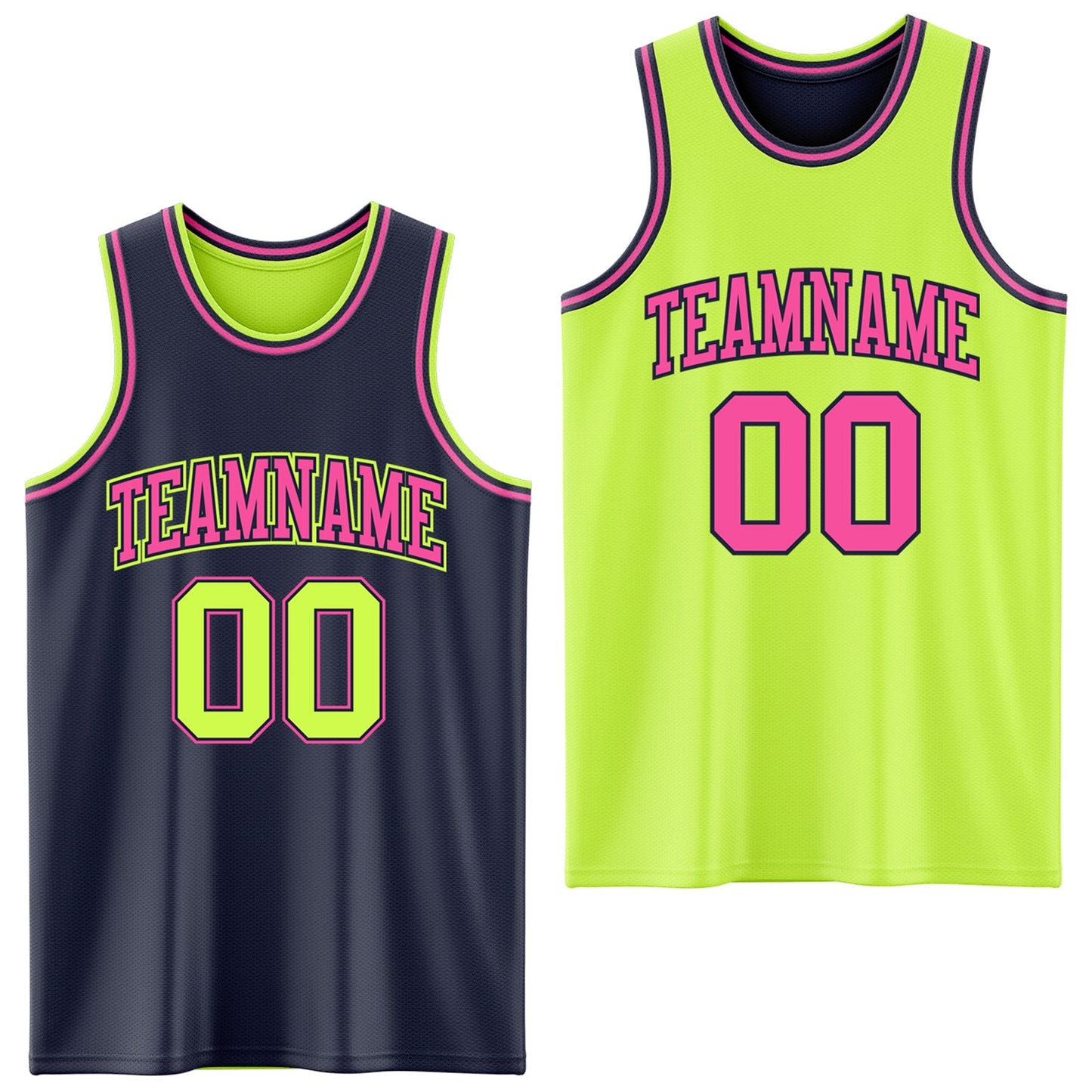 Custom Reversible Navy Neon Green-Pink Double Side Sublimation Basketball Set Jersey