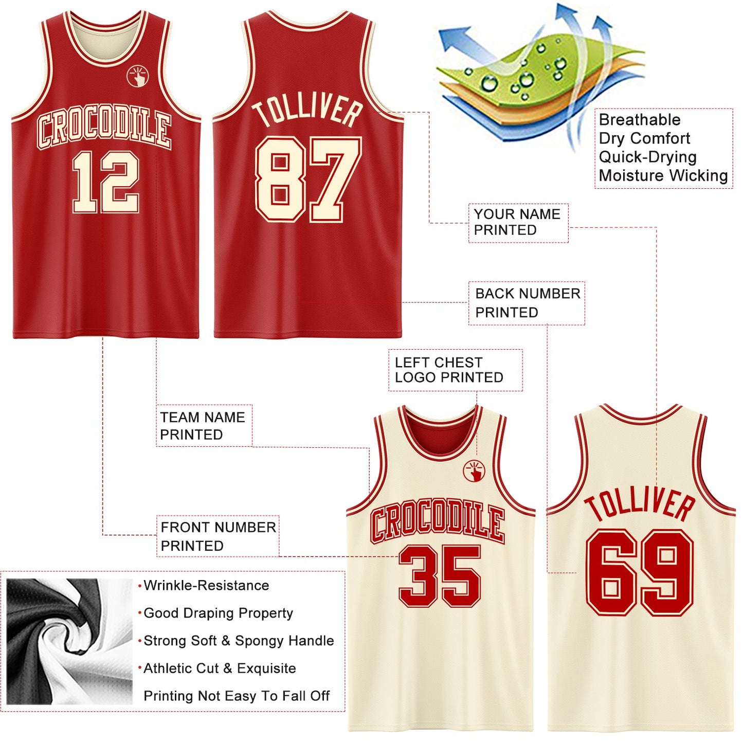 Custom Reversible Red Cream Double Side Sublimation Basketball Set Jersey