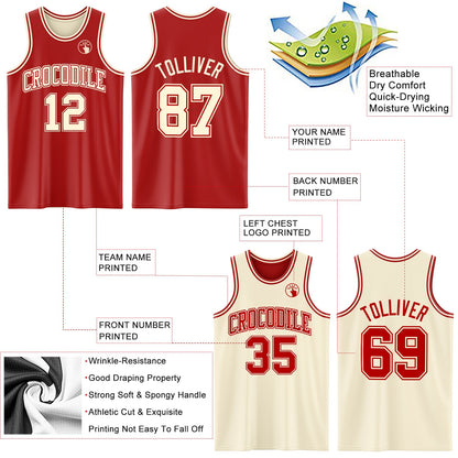 Custom Reversible Red Cream Double Side Sublimation Basketball Set Jersey