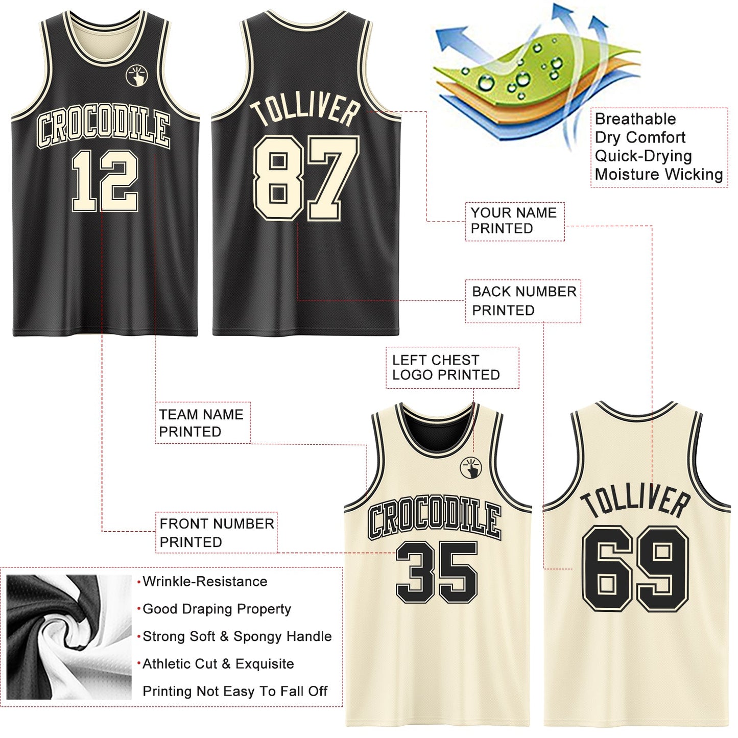 Custom Reversible Black Cream Double Side Sublimation Basketball Set Jersey