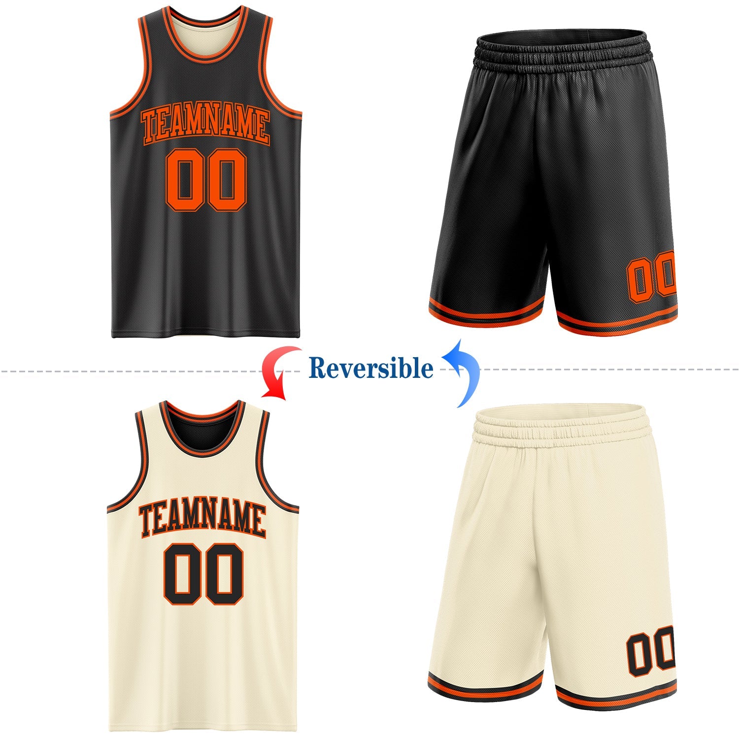 Custom Reversible Black Orange Double Side Sublimation Basketball Set Jersey