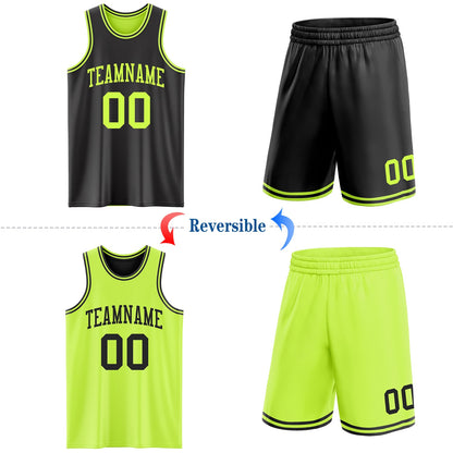 Custom Reversible Black Neon Green Double Side Sublimation Basketball Set Jersey