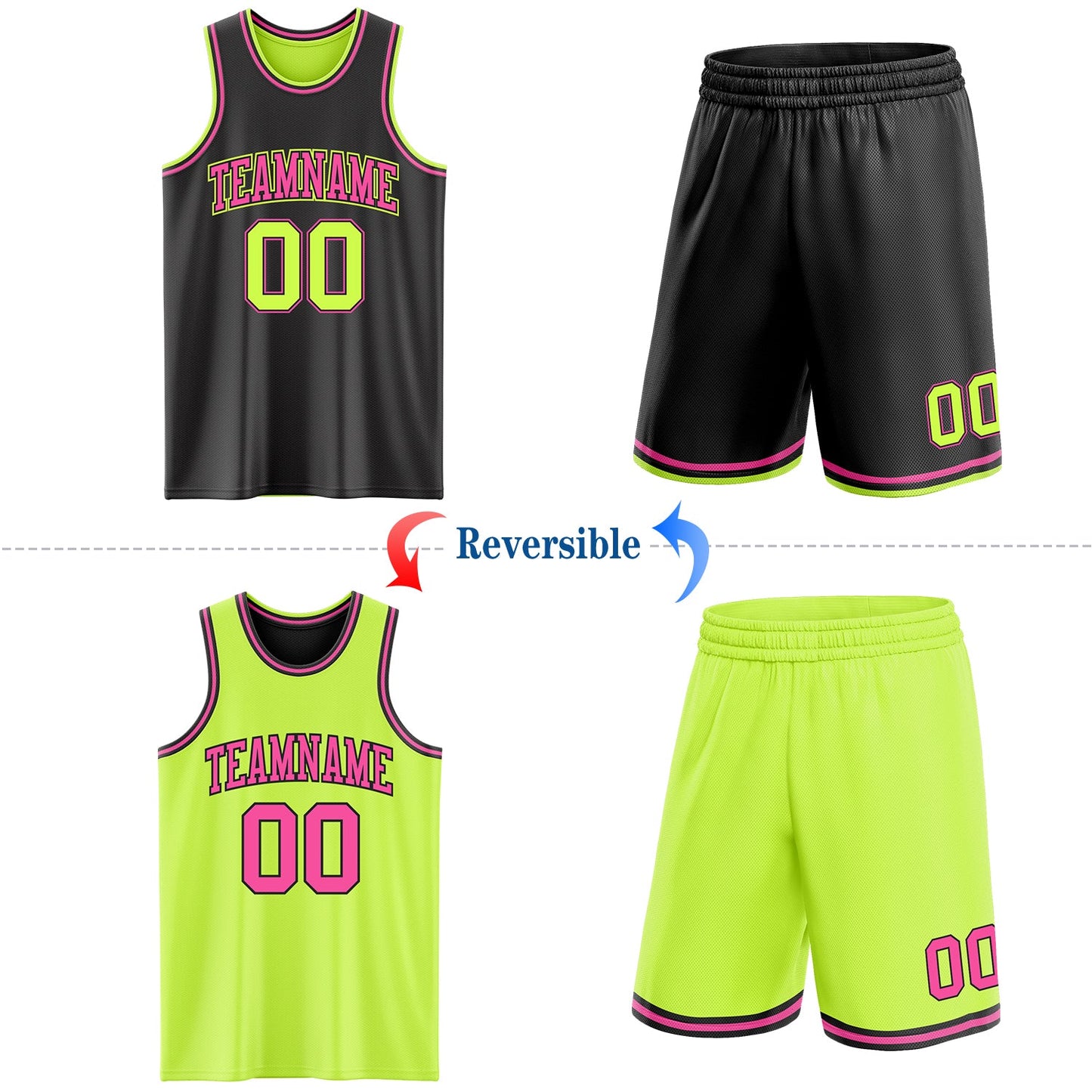 Custom Reversible Black Neon Green-Pink Double Side Sublimation Basketball Set Jersey