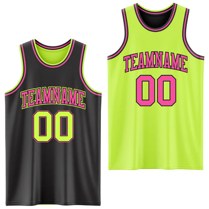 Custom Reversible Black Neon Green-Pink Double Side Sublimation Basketball Set Jersey