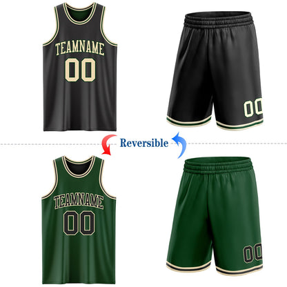 Custom Reversible Black Cream-Green Double Side Sublimation Basketball Set Jersey