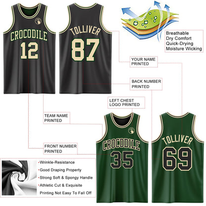 Custom Reversible Black Cream-Green Double Side Sublimation Basketball Set Jersey