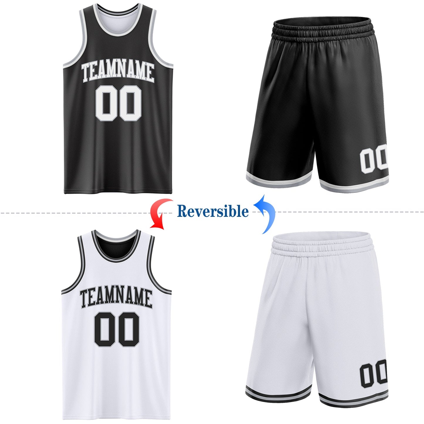 Custom Reversible Black White-Gray Double Side Sublimation Basketball Set Jersey