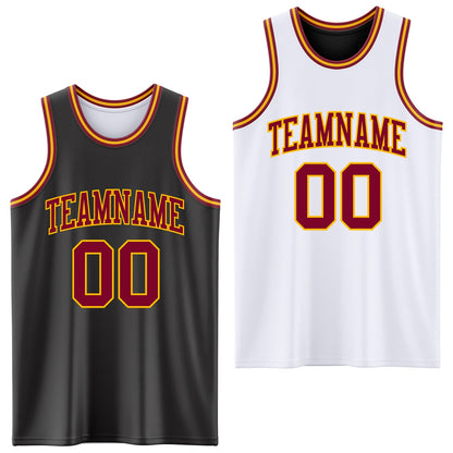 Custom Reversible Black Maroon-Gold Double Side Sublimation Basketball Set Jersey