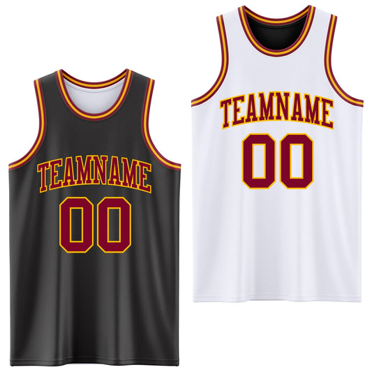 Custom Reversible Black Maroon-Gold Double Side Sublimation Basketball Set Jersey