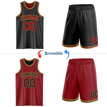 Custom Reversible Black Maroon-Old Gold Double Side Sublimation Basketball Set Jersey