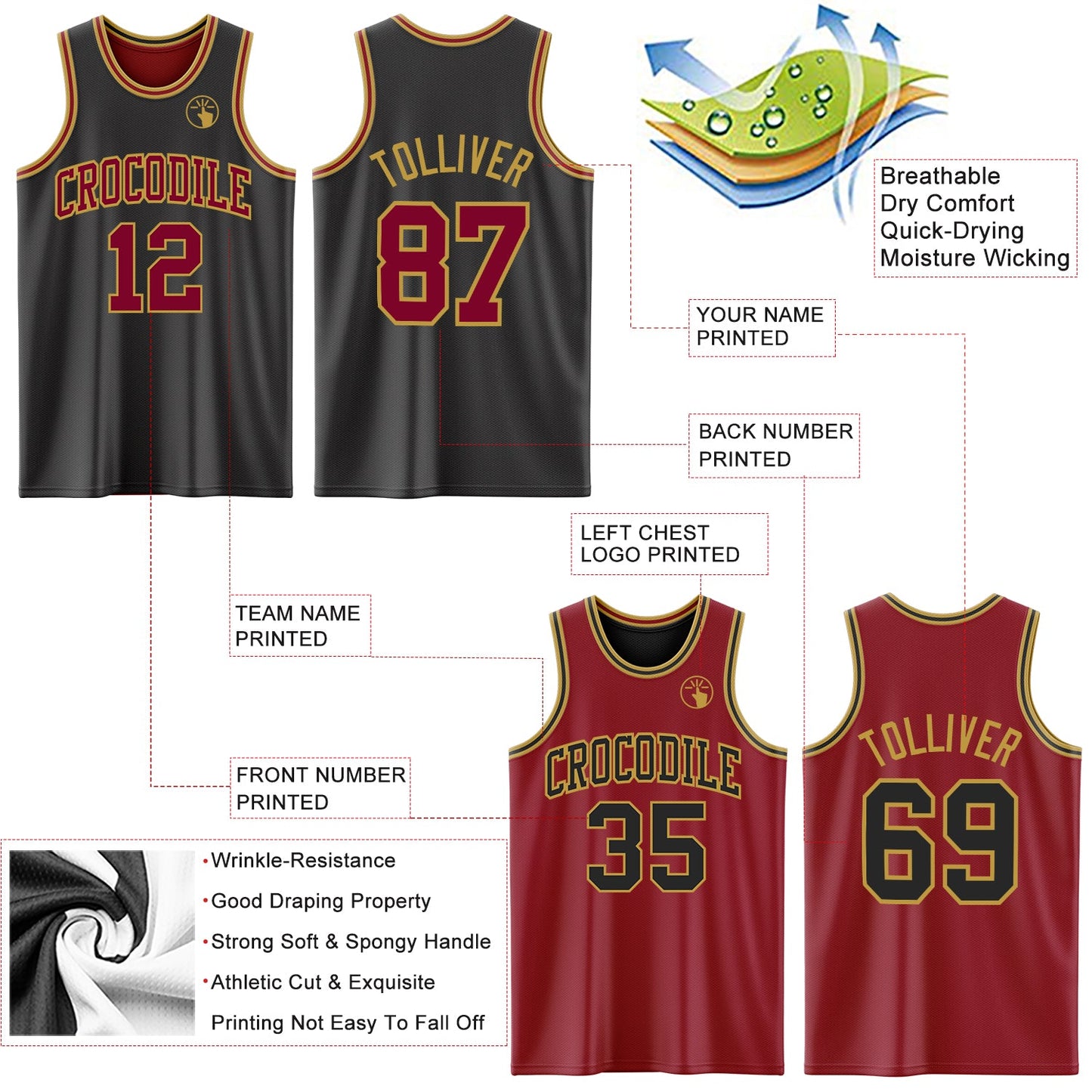 Custom Reversible Black Maroon-Old Gold Double Side Sublimation Basketball Set Jersey