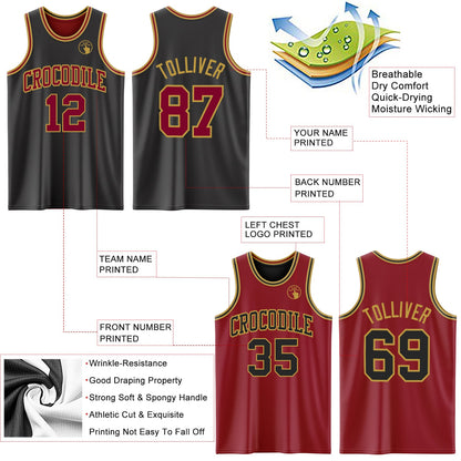 Custom Reversible Black Maroon-Old Gold Double Side Sublimation Basketball Set Jersey