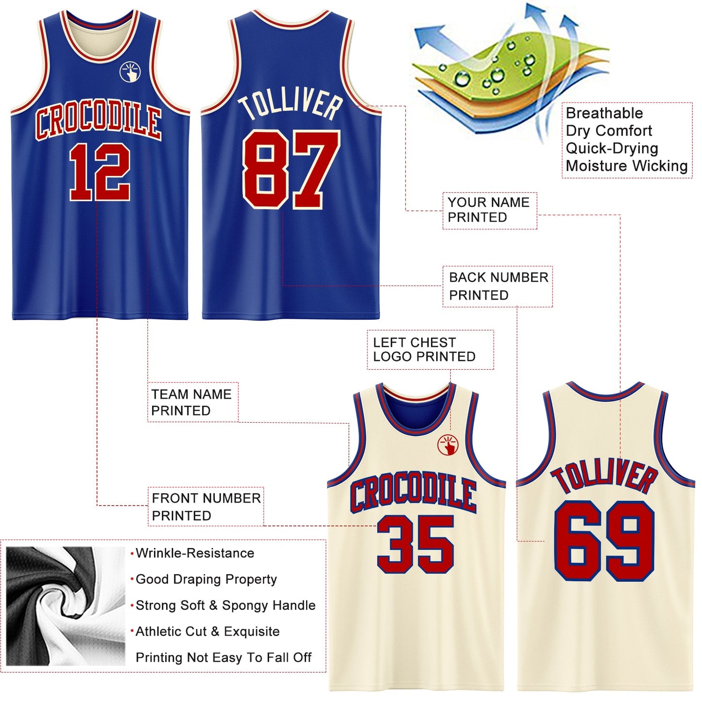 Custom Reversible Royal Red-Cream Double Side Sublimation Basketball Set Jersey