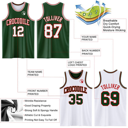 Custom Reversible Green White-Red Double Side Sublimation Basketball Set Jersey