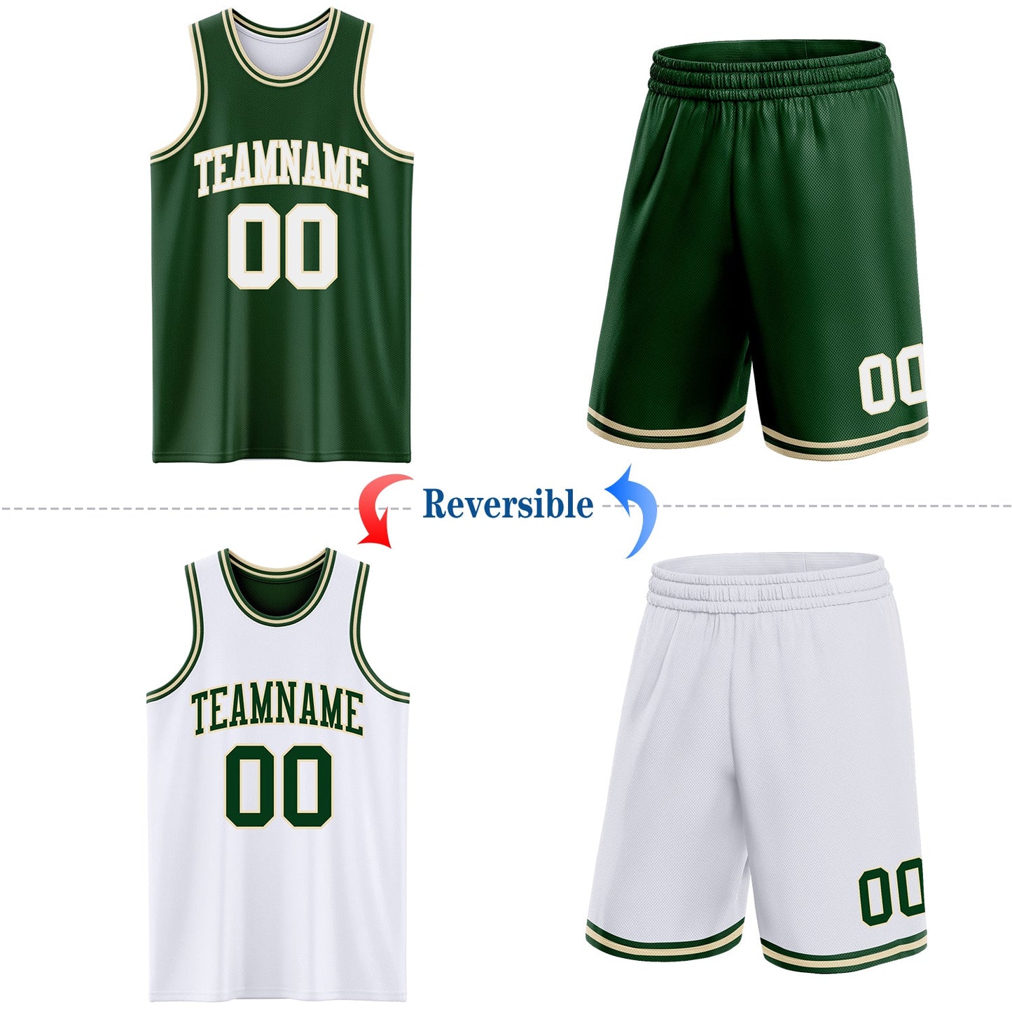 Custom Reversible Green White-Cream Double Side Sublimation Basketball Set Jersey