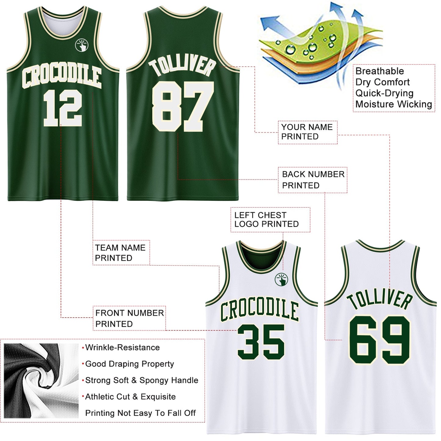 Custom Reversible Green White-Cream Double Side Sublimation Basketball Set Jersey