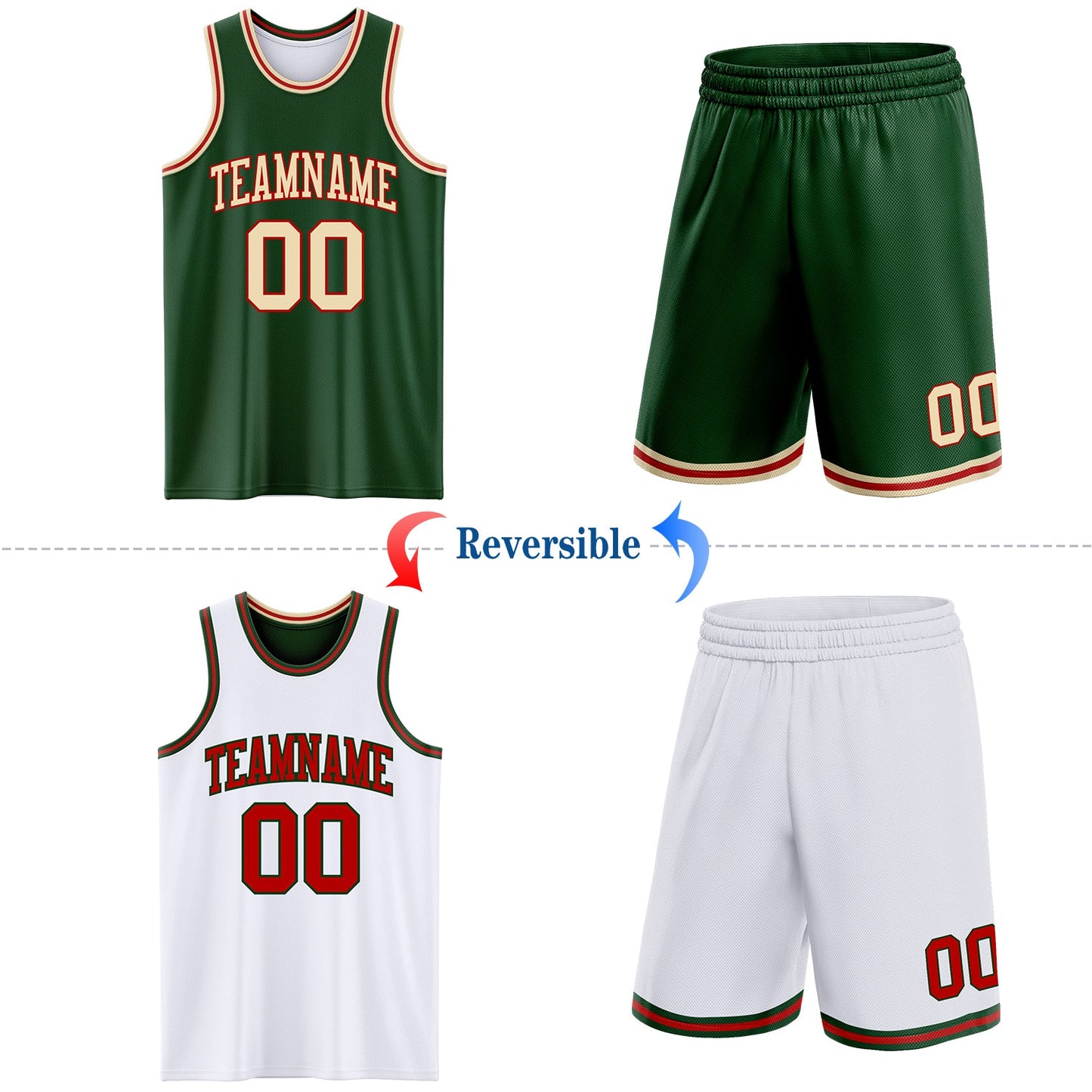 Custom Reversible Green Cream-Red Double Side Sublimation Basketball Set Jersey