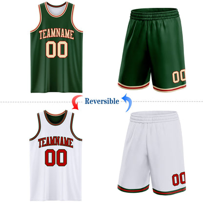 Custom Reversible Green Cream-Red Double Side Sublimation Basketball Set Jersey