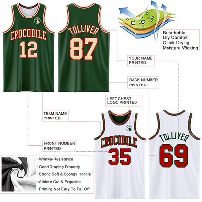 Custom Reversible Green Cream-Red Double Side Sublimation Basketball Set Jersey