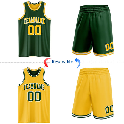 Custom Reversible Green Gold-White Double Side Sublimation Basketball Set Jersey