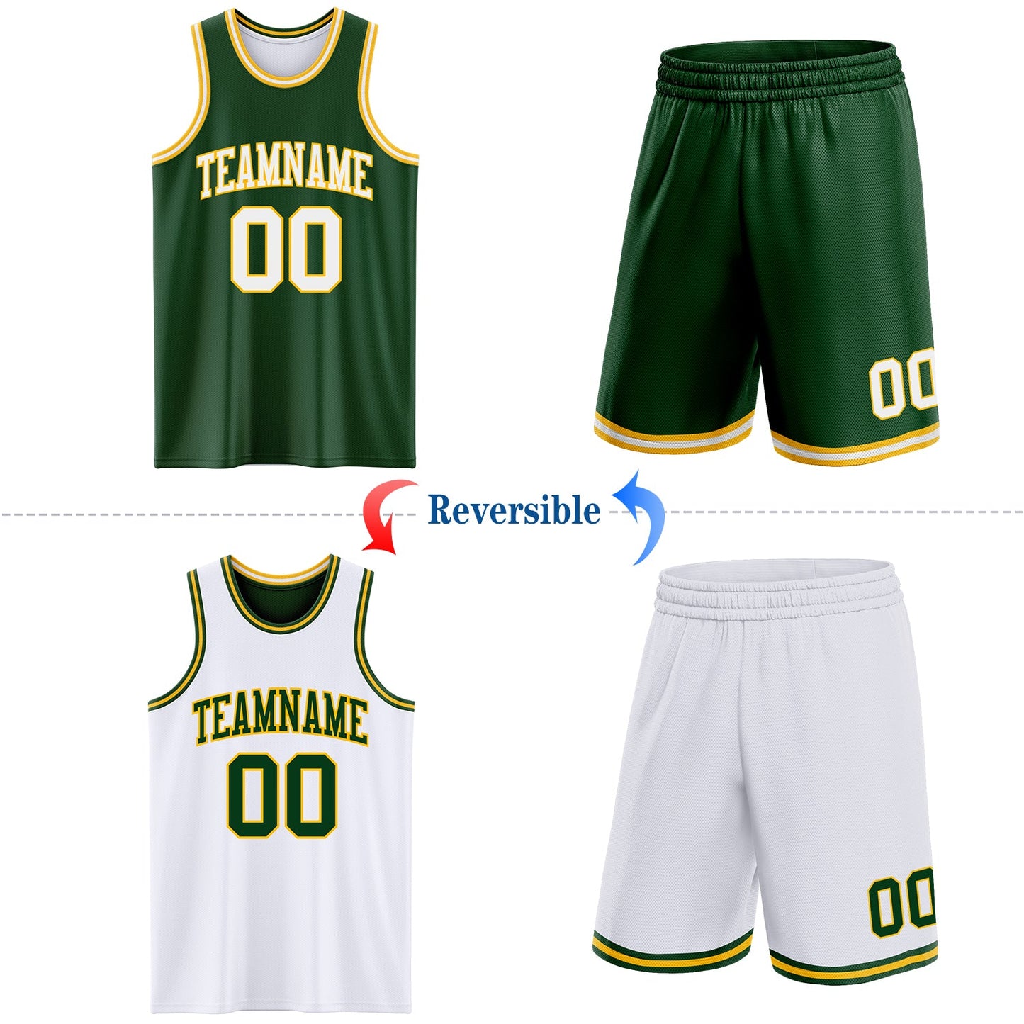 Custom Reversible Green White-Gold Double Side Sublimation Basketball Set Jersey