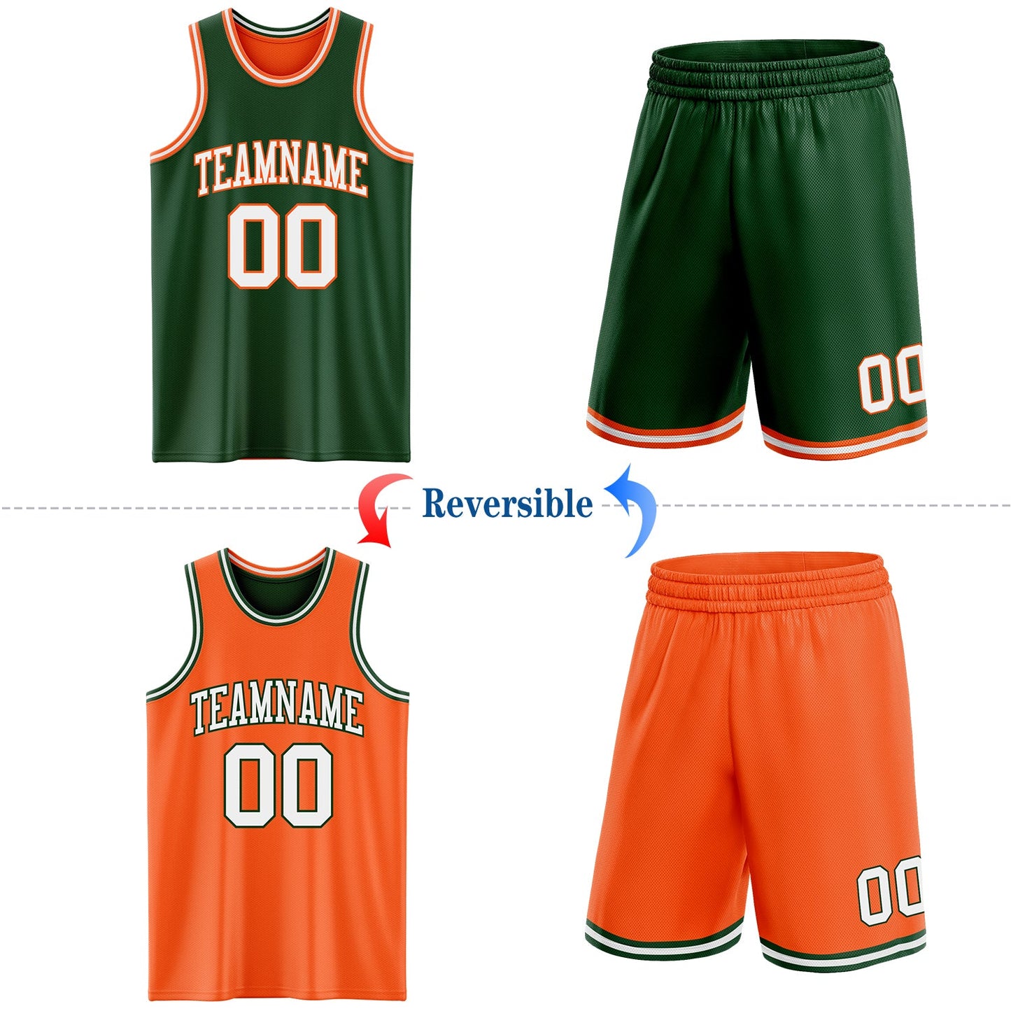 Custom Reversible Green White-Orange Double Side Sublimation Basketball Set Jersey