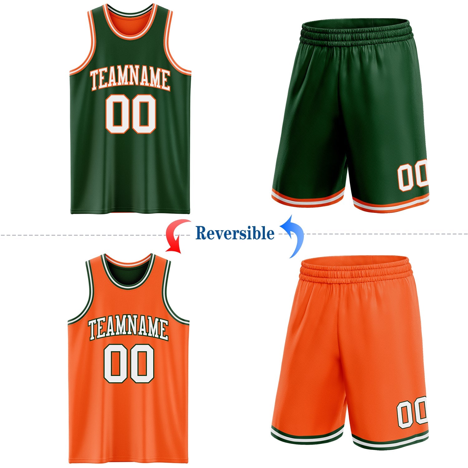 Custom Reversible Green White-Orange Double Side Sublimation Basketball Set Jersey