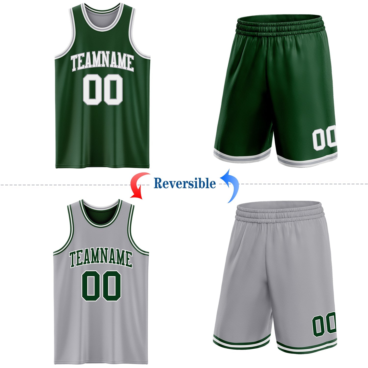 Custom Reversible Green White-Gray Double Side Sublimation Basketball Set Jersey
