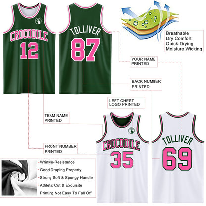 Custom Reversible Green Pink-White Double Side Sublimation Basketball Set Jersey