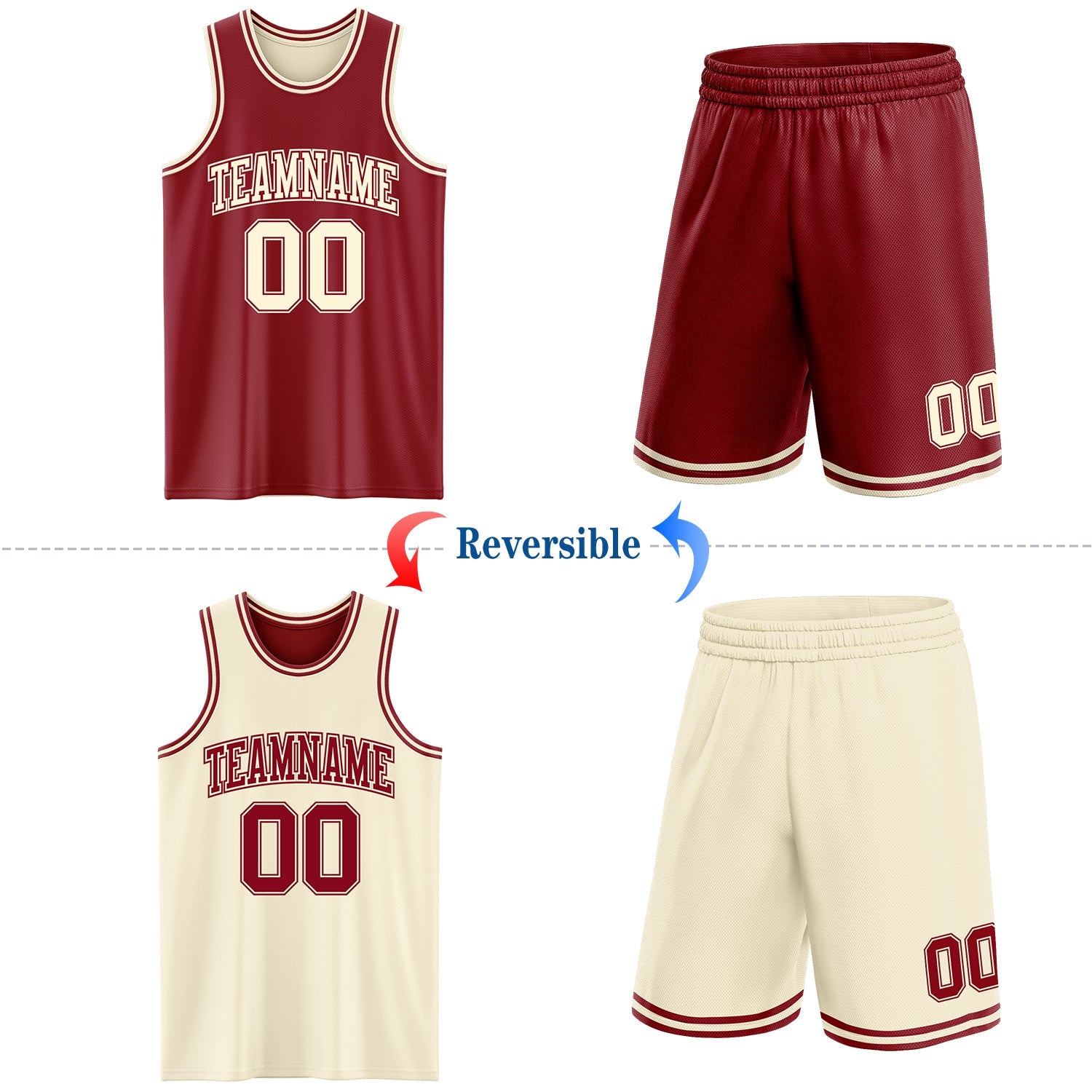 Custom Reversible Maroon Cream Double Side Sublimation Basketball Set Jersey