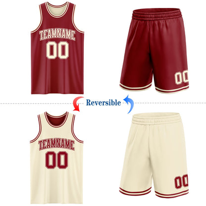 Custom Reversible Maroon Cream Double Side Sublimation Basketball Set Jersey