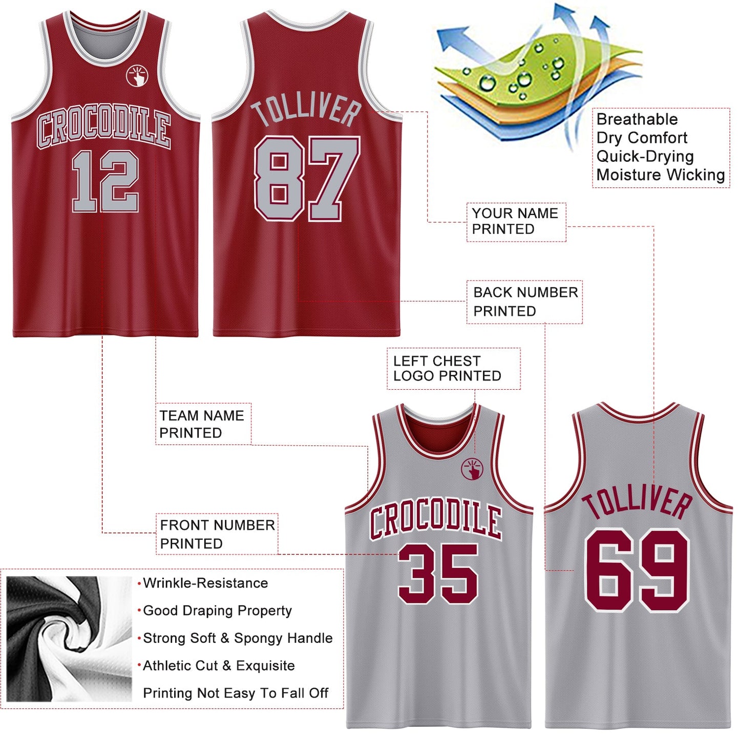 Custom Reversible Maroon Gray-White Double Side Sublimation Basketball Set Jersey