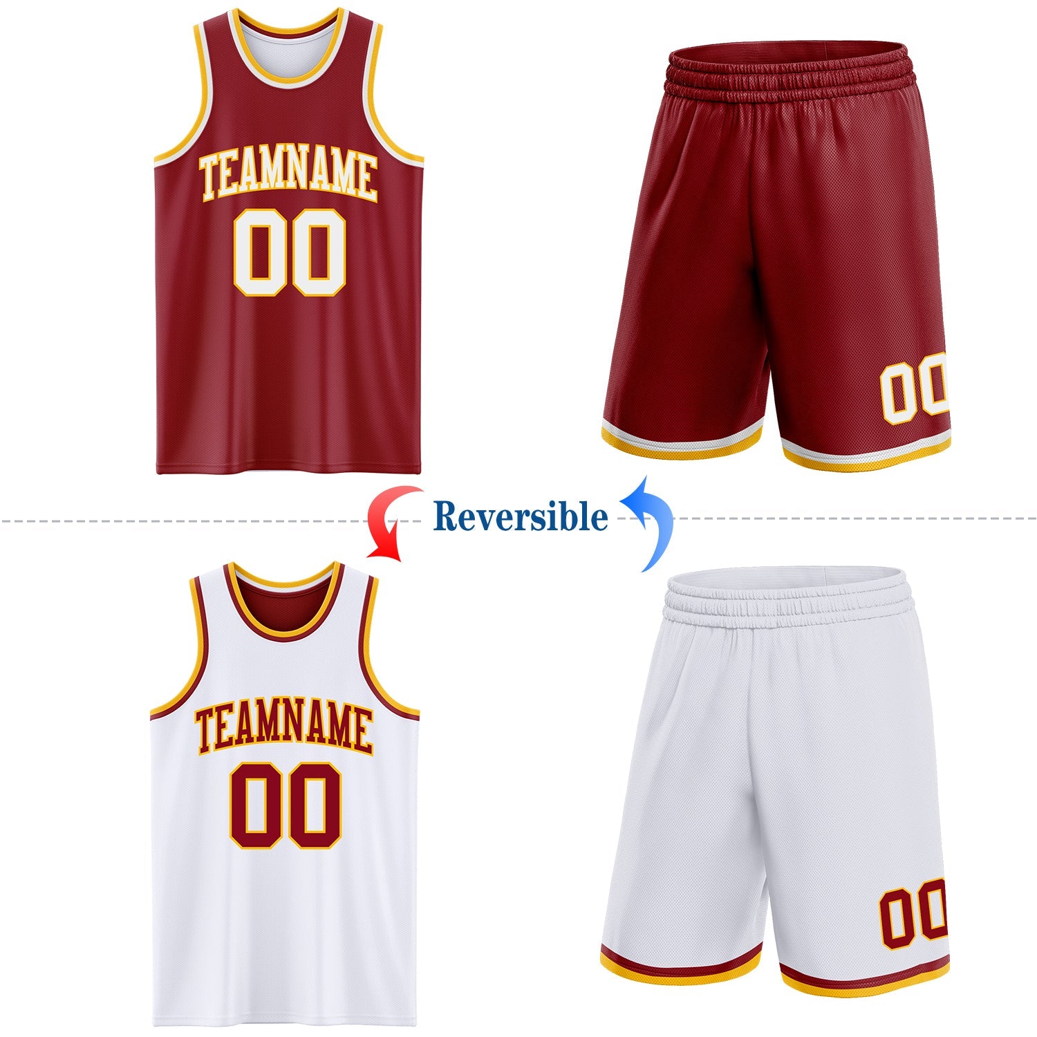 Custom Reversible Maroon White-Gold Double Side Sublimation Basketball Set Jersey