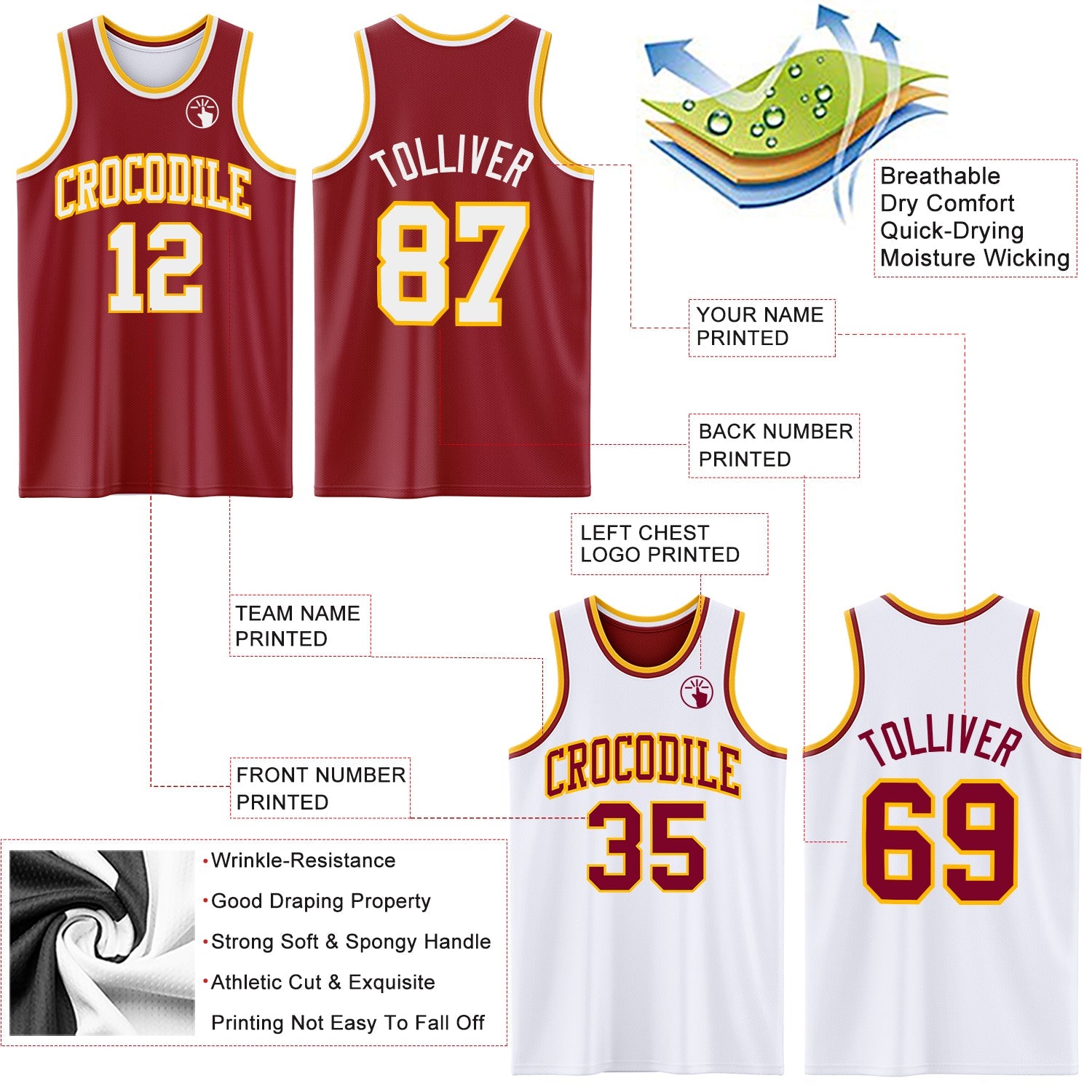Custom Reversible Maroon White-Gold Double Side Sublimation Basketball Set Jersey