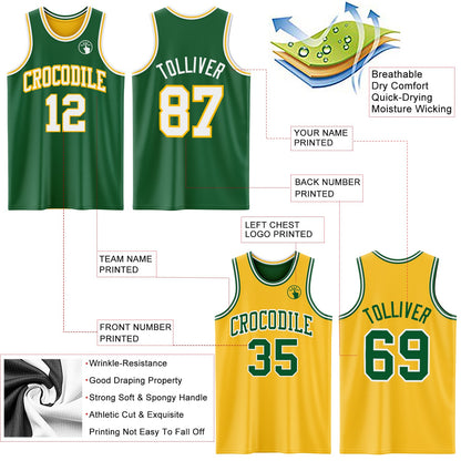 Custom Reversible Kelly Green White-Gold Double Side Sublimation Basketball Set Jersey