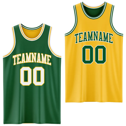 Custom Reversible Kelly Green White-Gold Double Side Sublimation Basketball Set Jersey