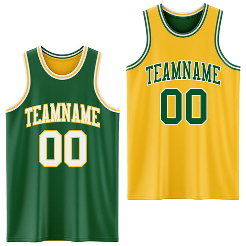 Custom Reversible Kelly Green White-Gold Double Side Sublimation Basketball Set Jersey