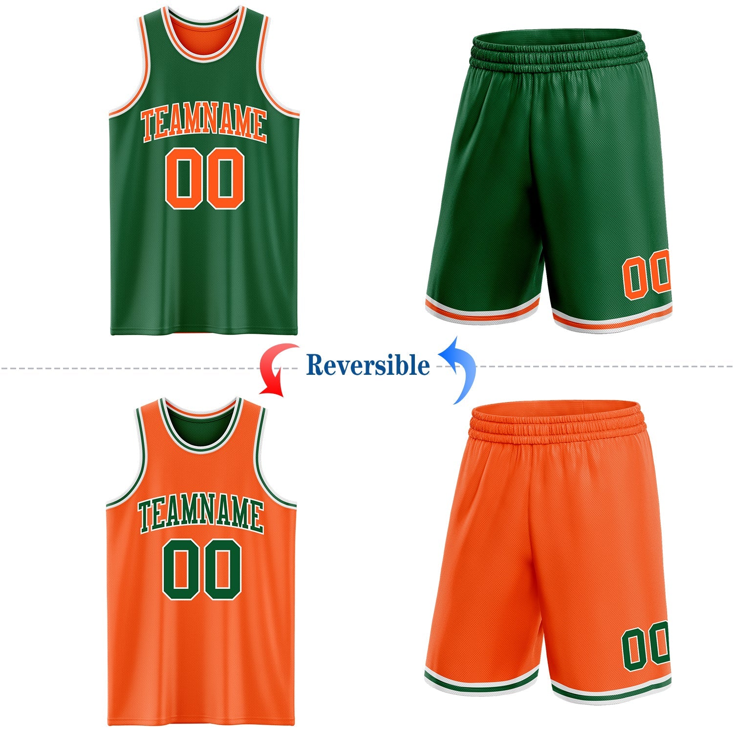 Custom Reversible Kelly Green Orange-White Double Side Sublimation Basketball Set Jersey