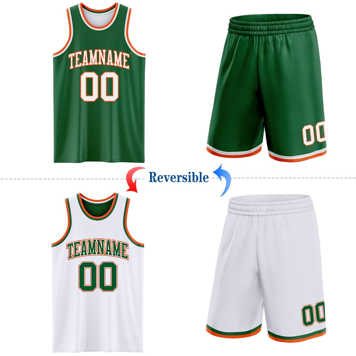 Custom Reversible Kelly Green White-Orange Double Side Sublimation Basketball Set Jersey